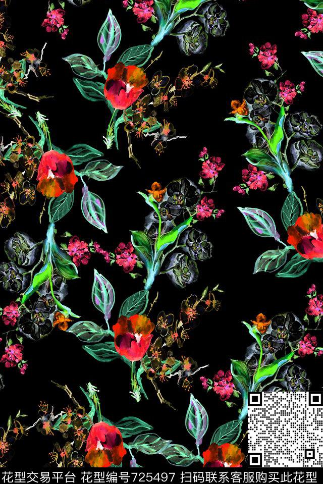 手绘精美花卉数码印花华亿平台下载（图片编号: 725497） - 瓦栏（Walan）