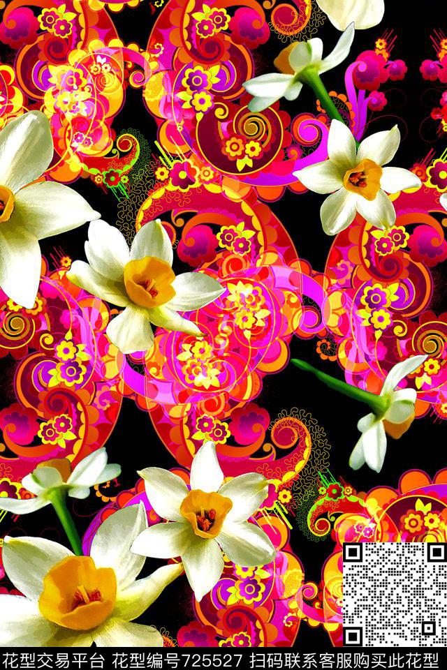大花原创手绘大花卉清爽花卉数码印花华亿平台下载（图片编号: 725527） - 瓦栏（Walan）