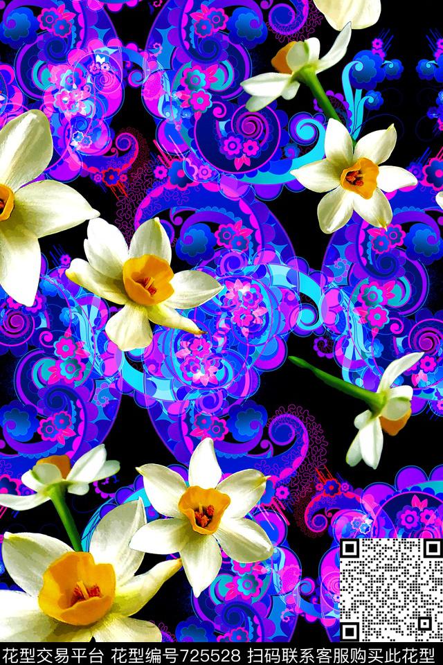 大花原创手绘大花卉清爽花卉数码印花华亿平台下载（图片编号: 725528） - 瓦栏（Walan）