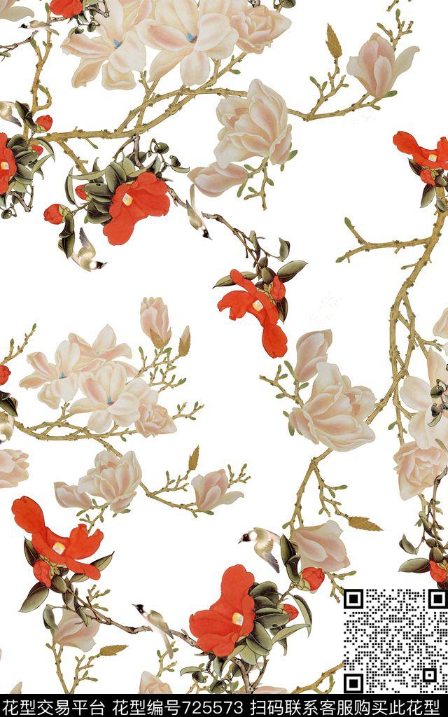 中国风国画玉兰花数码印花华亿平台下载（图片编号: 725573） - 瓦栏（Walan）
