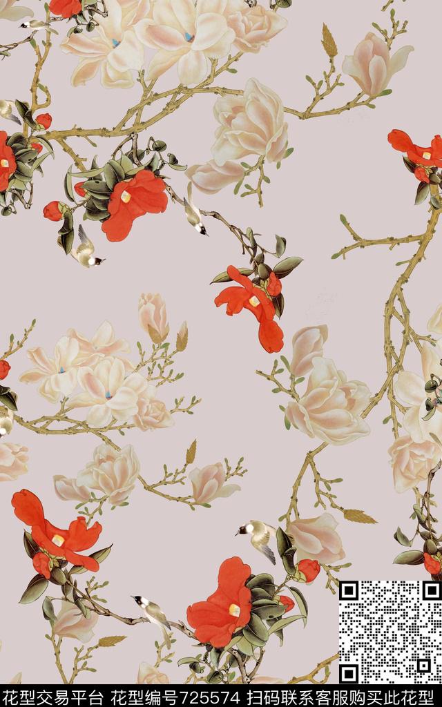 中国风国画玉兰花数码印花华亿平台下载（图片编号: 725574） - 瓦栏（Walan）