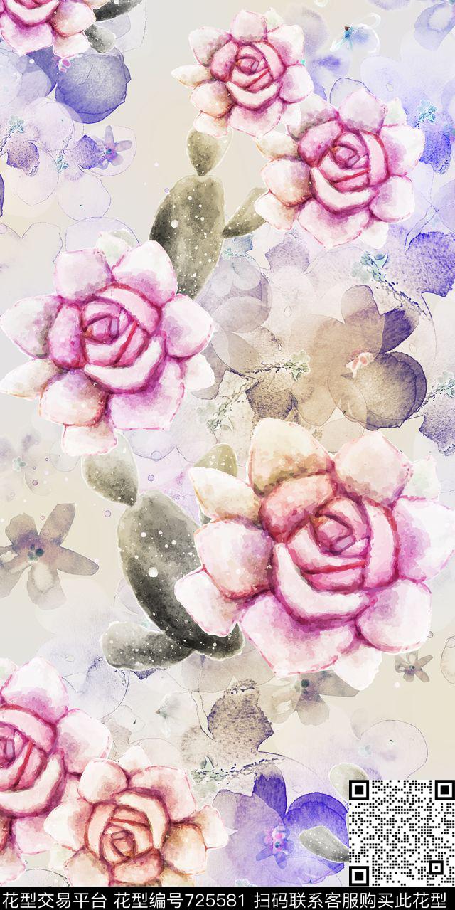 手绘花小清新大花数码印花华亿平台下载（图片编号: 725581） - 瓦栏（Walan）