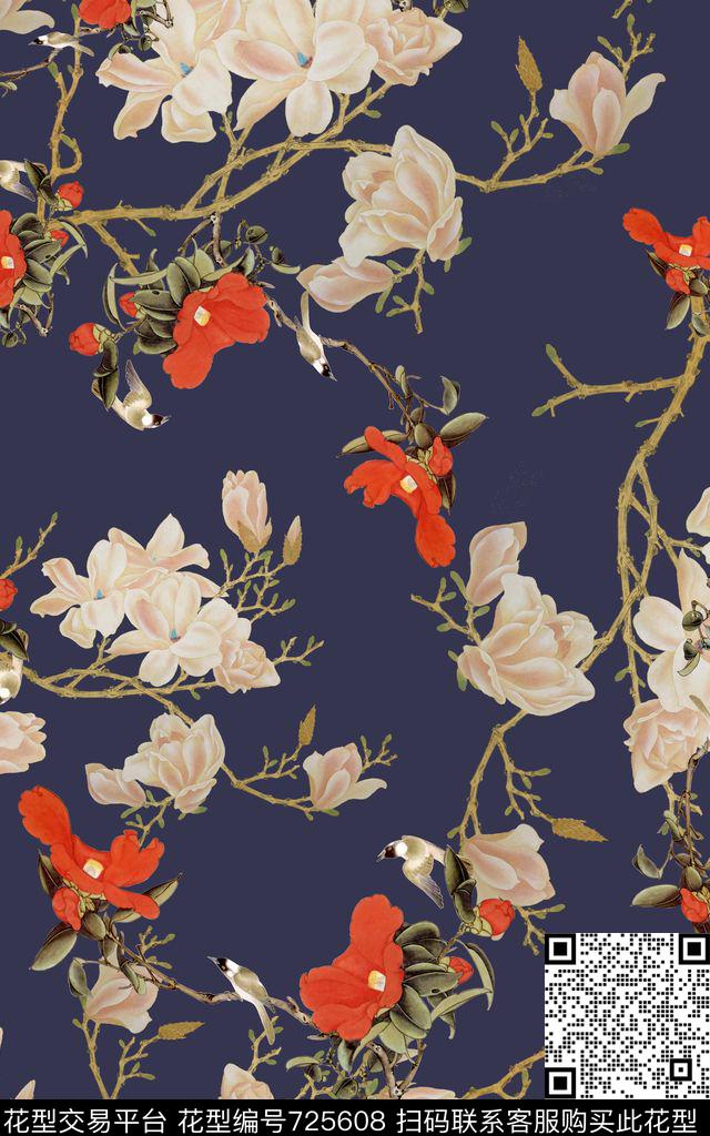 中国风国画玉兰花数码印花华亿平台下载（图片编号: 725608） - 瓦栏（Walan）