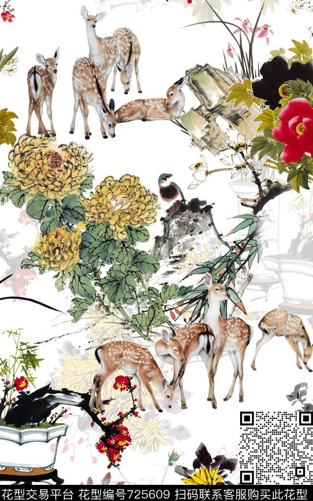 中国风国画工笔画鹿数码印花华亿平台下载（图片编号: 725609） - 瓦栏（Walan）