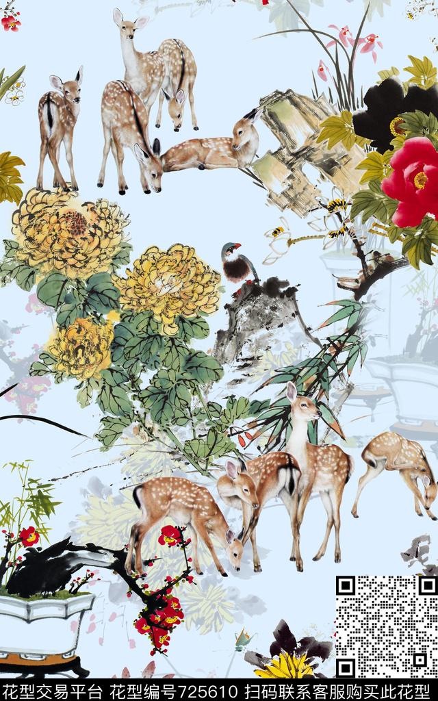 中国风国画工笔画鹿数码印花华亿平台下载（图片编号: 725610） - 瓦栏（Walan）