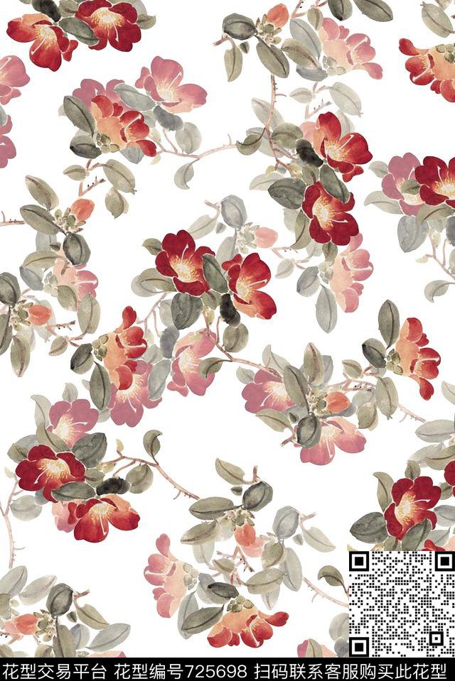 抽象手绘水彩画花卉数码印花时尚潮流女装裙子长裙旗袍中国风水墨画植物印花复古大牌渐变纹理满版花卉印花数码印花华亿平台下载（图片编号: 725698） - 瓦栏（Walan）