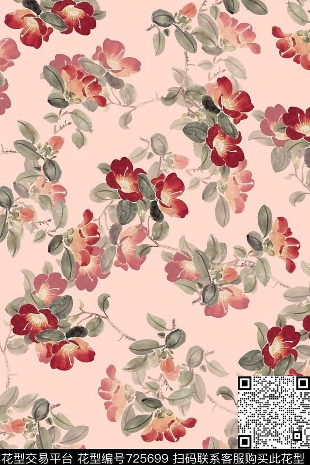 抽象手绘水彩画花卉数码印花时尚潮流女装裙子长裙旗袍中国风水墨画植物印花复古大牌渐变纹理满版花卉印花数码印花华亿平台下载（图片编号: 725699） - 瓦栏（Walan）