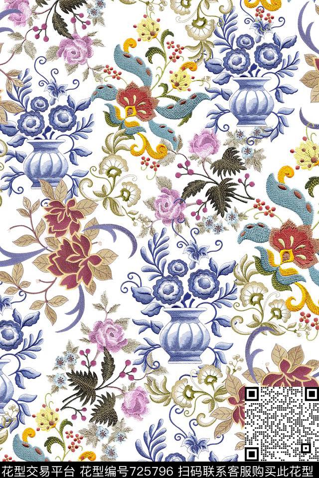 民族风花卉绣花数码印花华亿平台下载（图片编号: 725796） - 瓦栏（Walan）