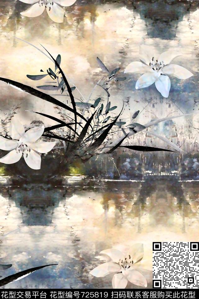 中国风水墨花卉香云纱华亿平台数码印花华亿平台下载（图片编号: 725819） - 瓦栏（Walan）