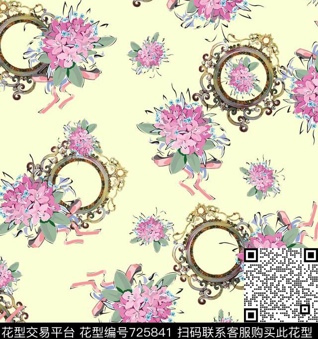 复古相框清爽花卉数码印花华亿平台下载（图片编号: 725841） - 瓦栏（Walan）