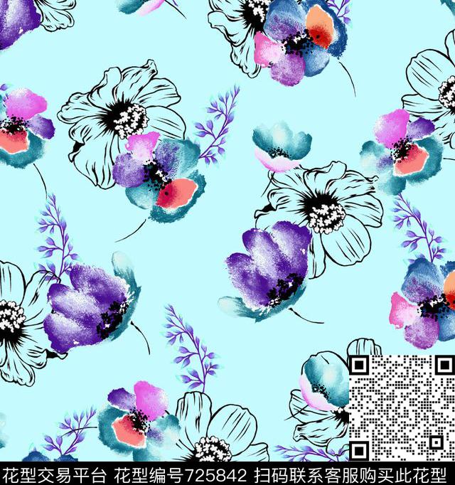 水彩清爽大气数码印花华亿平台下载（图片编号: 725842） - 瓦栏（Walan）