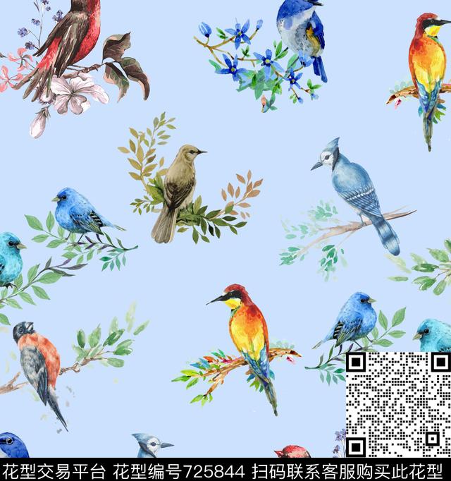 水彩花鸟大气。矢量数码印花华亿平台下载（图片编号: 725844） - 瓦栏（Walan）