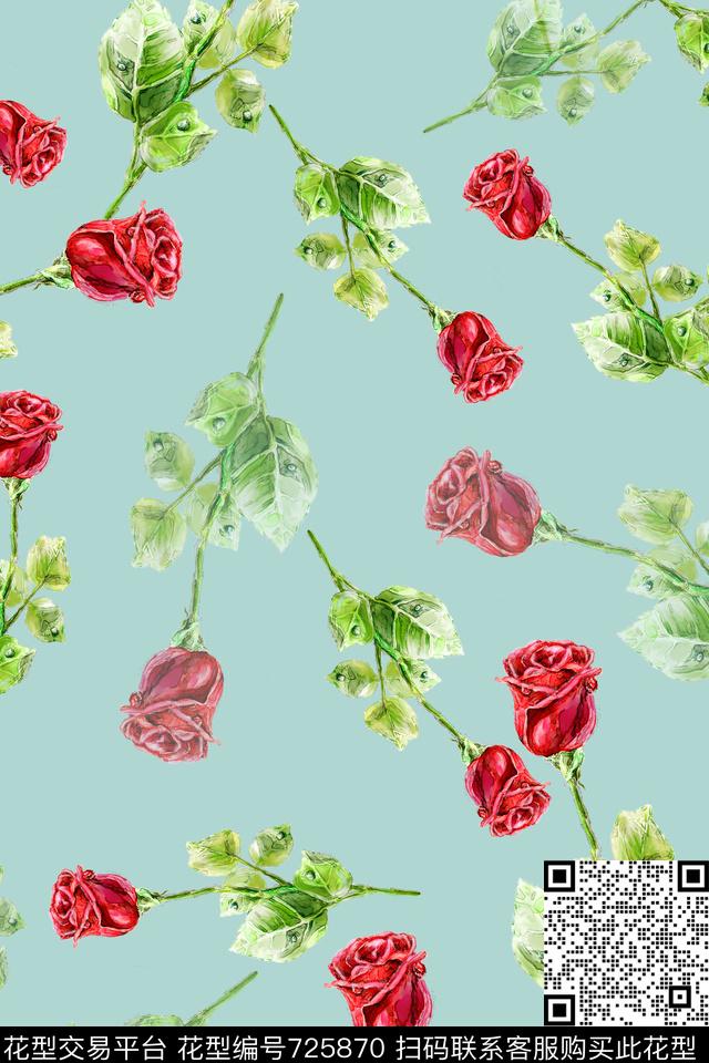 花卉乱花玫瑰数码印花华亿平台下载（图片编号: 725870） - 瓦栏（Walan）