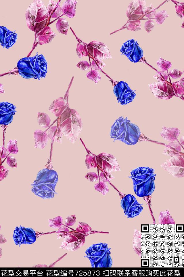 花卉乱花玫瑰数码印花华亿平台下载（图片编号: 725873） - 瓦栏（Walan）
