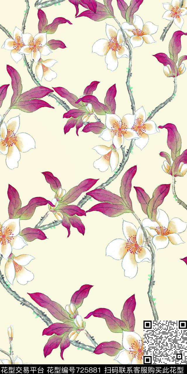 玉兰花小清新花朵数码印花华亿平台下载（图片编号: 725881） - 瓦栏（Walan）
