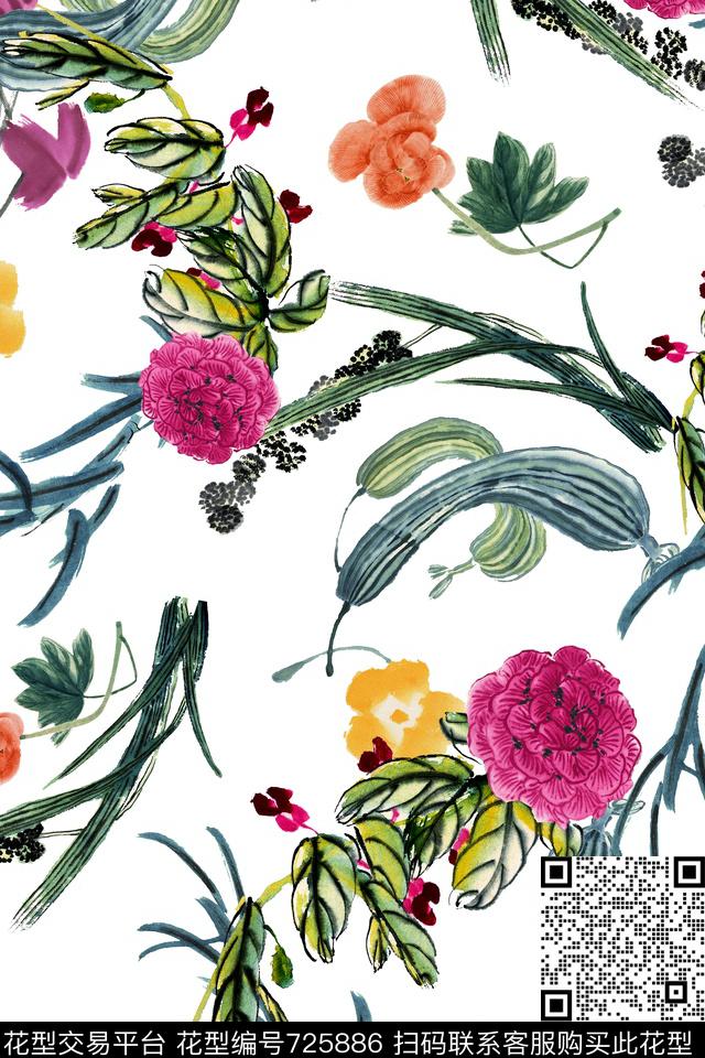 趣味蔬菜水墨数码印花华亿平台下载（图片编号: 725886） - 瓦栏（Walan）