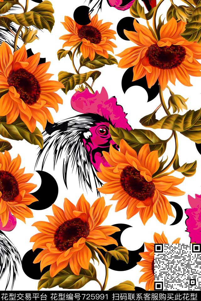 鸡花卉波点数码印花华亿平台下载（图片编号: 725991） - 瓦栏（Walan）