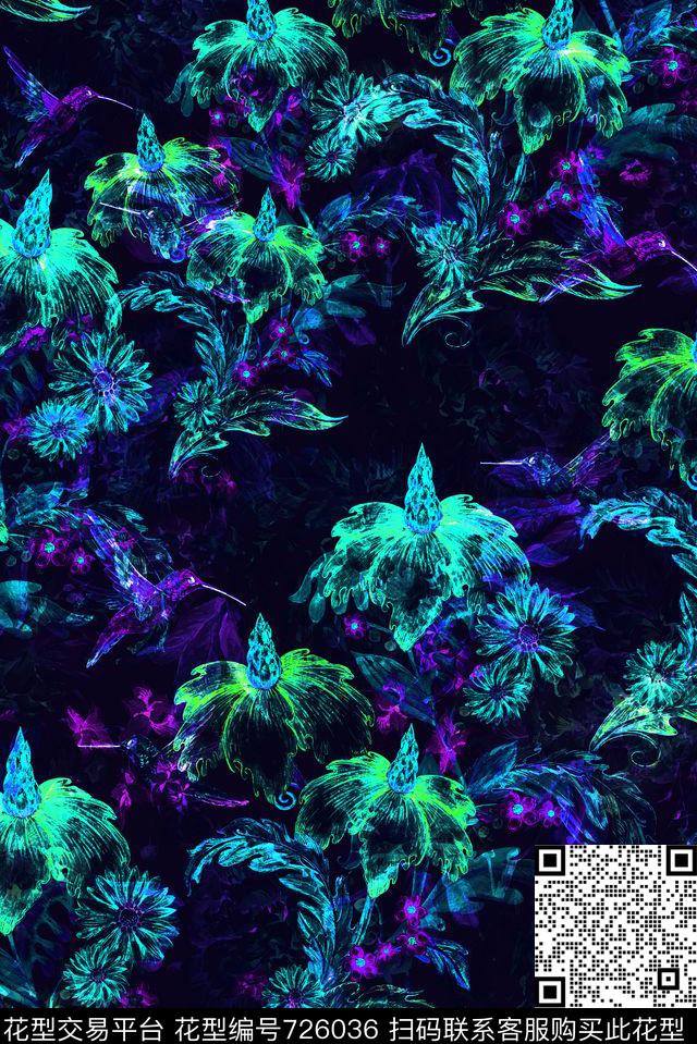 手绘半透明花卉数码印花华亿平台下载（图片编号: 726036） - 瓦栏（Walan）