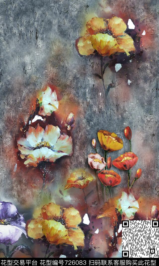 油画花卉肌理数码印花华亿平台下载（图片编号: 726083） - 瓦栏（Walan）