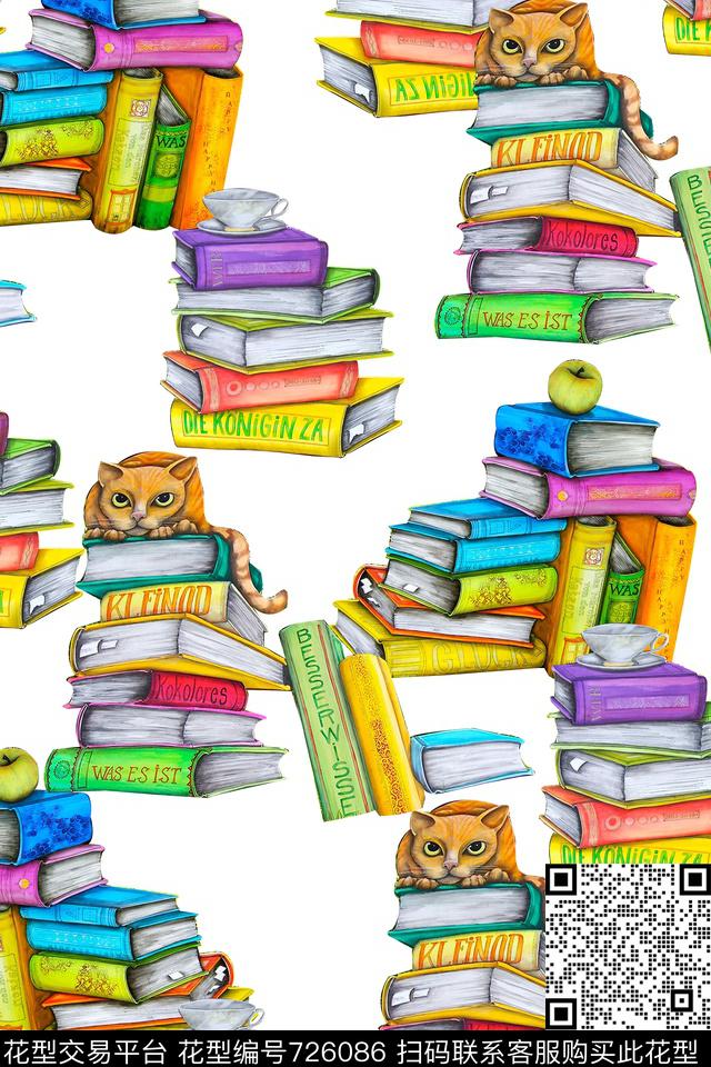 书本猫咪水彩数码印花华亿平台下载（图片编号: 726086） - 瓦栏（Walan）
