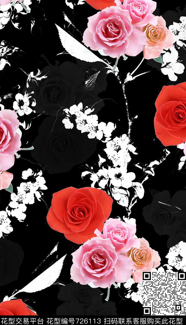 经典红黑复古组合玫瑰花秋冬女装数码印花华亿平台下载（图片编号: 726113） - 瓦栏（Walan）