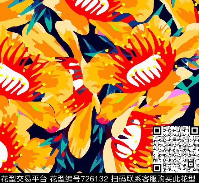 太阳花大红花花奔传统印花华亿平台下载（图片编号: 726132） - 瓦栏（Walan）