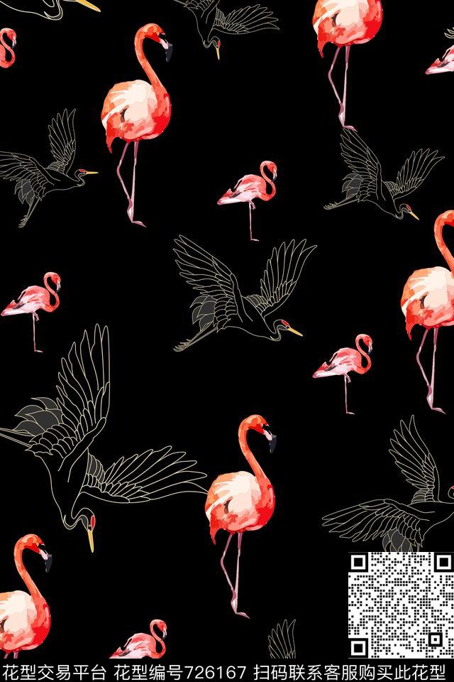 趣味仙鹤鸟数码印花华亿平台下载（图片编号: 726167） - 瓦栏（Walan）