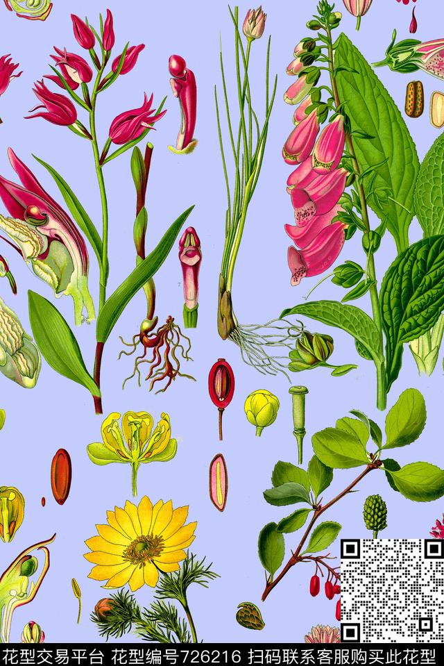 叶子花卉手绘植物数码印花华亿平台下载（图片编号: 726216） - 瓦栏（Walan）