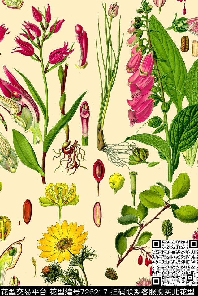 叶子花卉手绘植物数码印花华亿平台下载（图片编号: 726217） - 瓦栏（Walan）