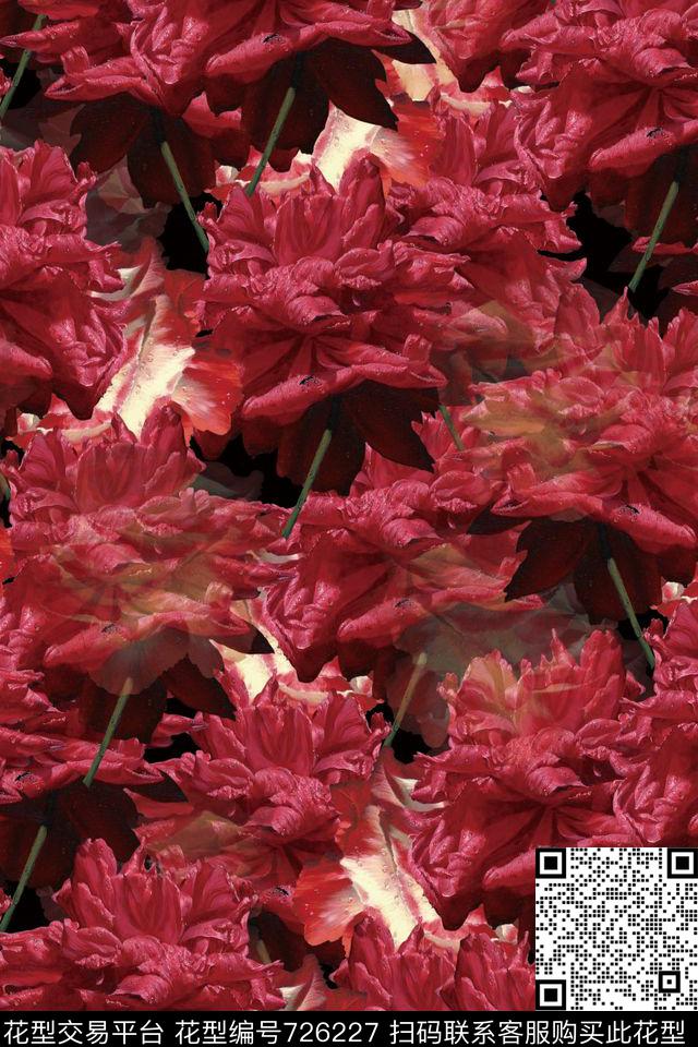 花朵花卉红色数码印花华亿平台下载（图片编号: 726227） - 瓦栏（Walan）