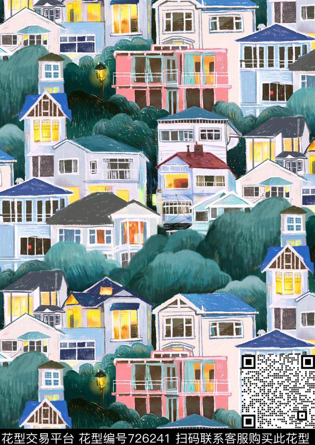 手绘森林建筑数码印花华亿平台下载（图片编号: 726241） - 瓦栏（Walan）