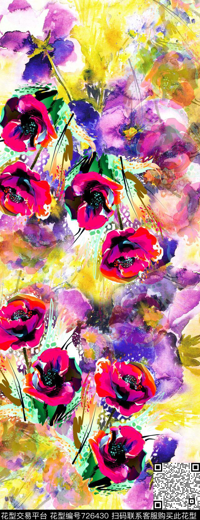 披肩长巾手绘水彩花卉数码印花华亿平台下载（图片编号: 726430） - 瓦栏（Walan）