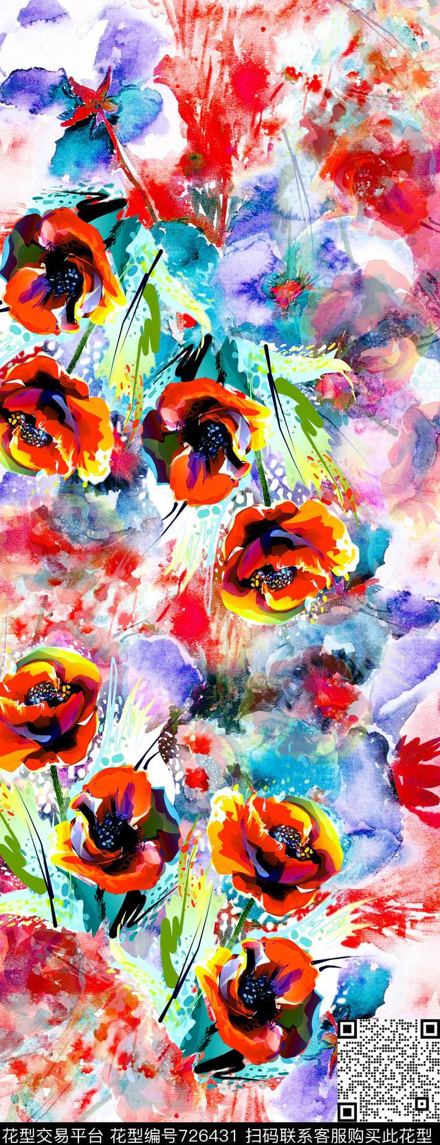 披肩长巾手绘水彩花卉数码印花华亿平台下载（图片编号: 726431） - 瓦栏（Walan）