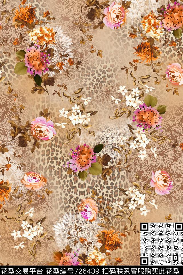 豹纹花卉叶子数码印花华亿平台下载（图片编号: 726439） - 瓦栏（Walan）