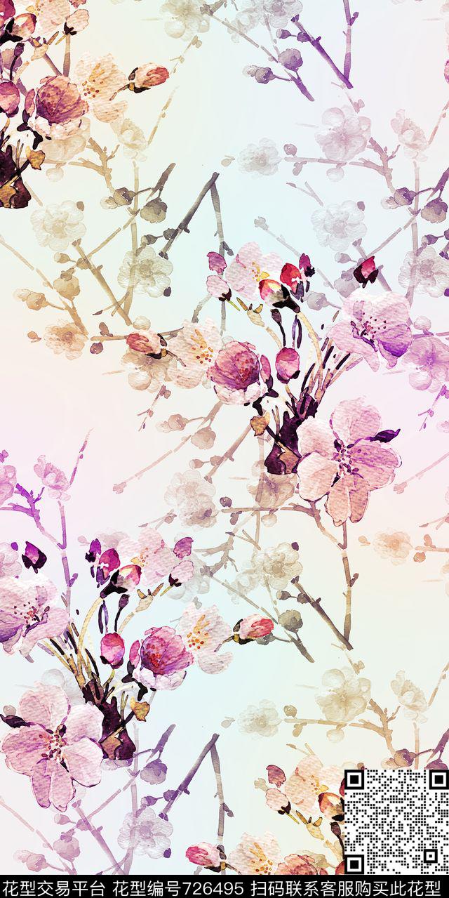 手绘花朵小清新数码印花华亿平台下载（图片编号: 726495） - 瓦栏（Walan）