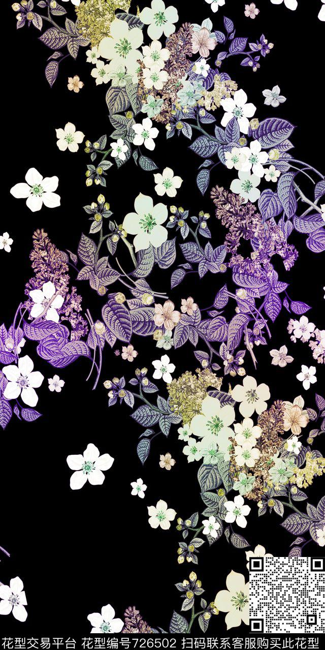 花卉花朵黑底数码印花华亿平台下载（图片编号: 726502） - 瓦栏（Walan）