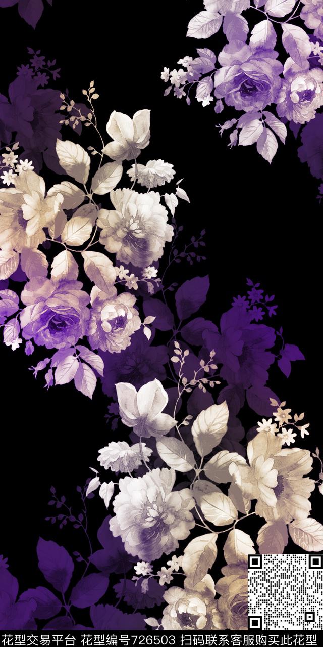 花卉花朵黑底数码印花华亿平台下载（图片编号: 726503） - 瓦栏（Walan）