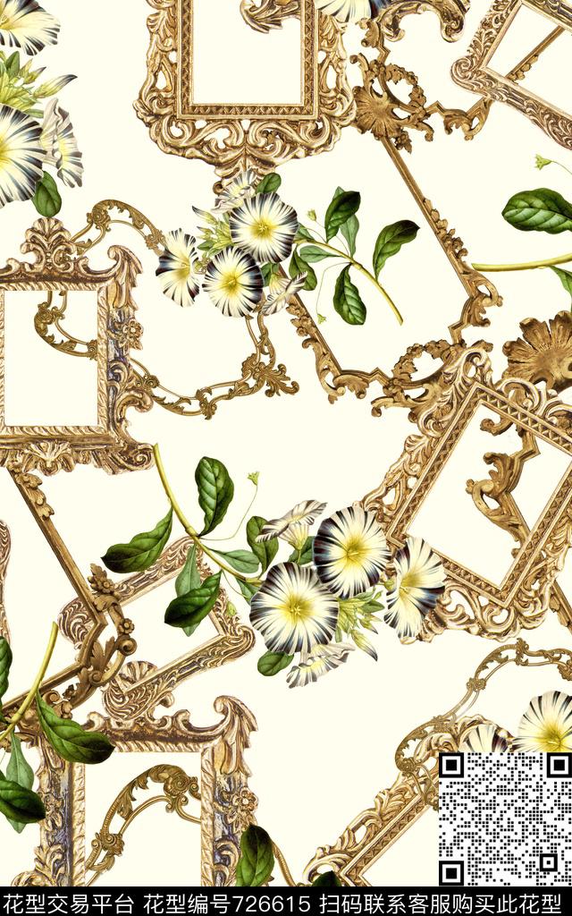 相框花朵花卉数码印花华亿平台下载（图片编号: 726615） - 瓦栏（Walan）