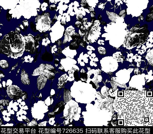 水墨花卉花卉几何传统印花华亿平台下载（图片编号: 726635） - 瓦栏（Walan）