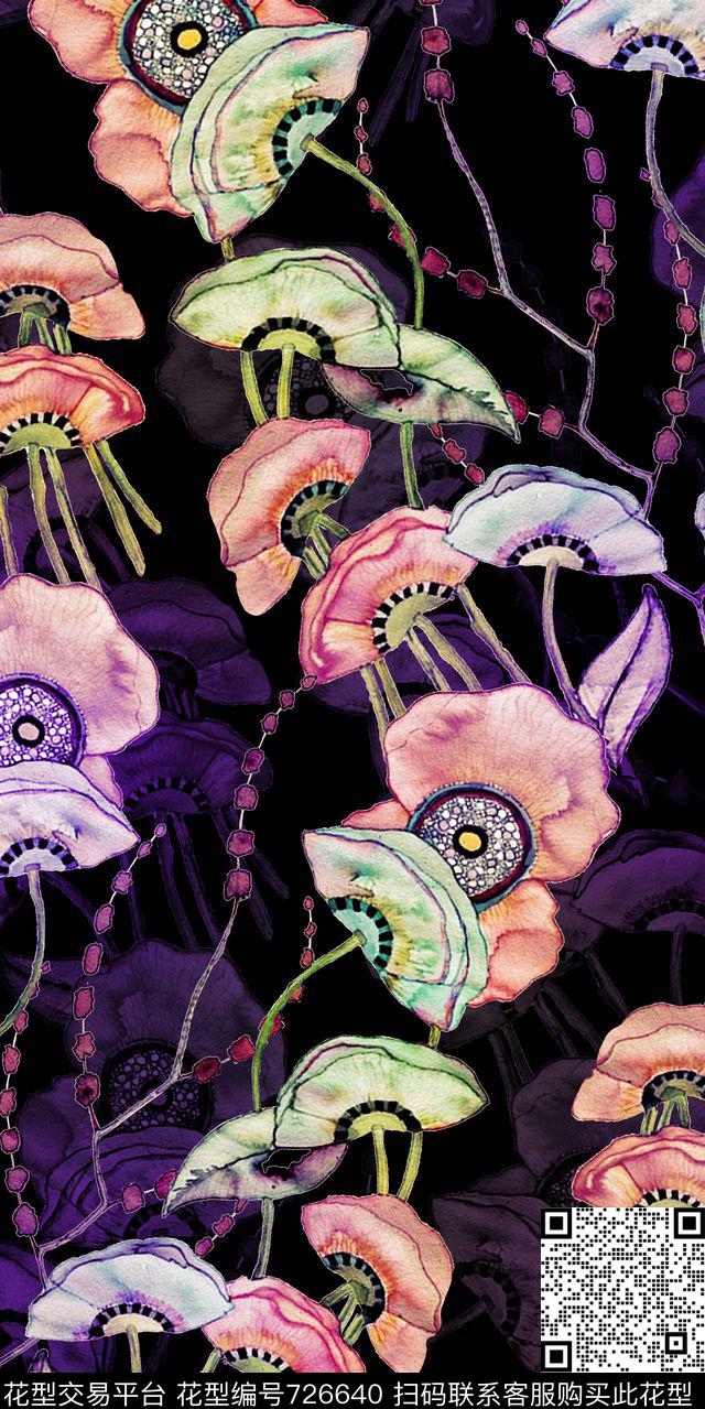 手绘黑底花朵数码印花华亿平台下载（图片编号: 726640） - 瓦栏（Walan）
