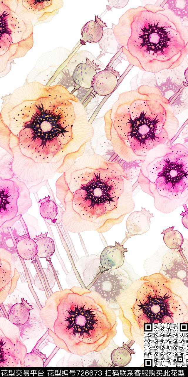 小清新手绘大花数码印花华亿平台下载（图片编号: 726673） - 瓦栏（Walan）