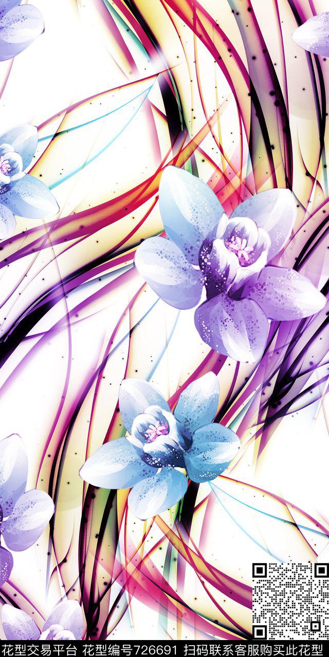 大花花卉抽象数码印花华亿平台下载（图片编号: 726691） - 瓦栏（Walan）