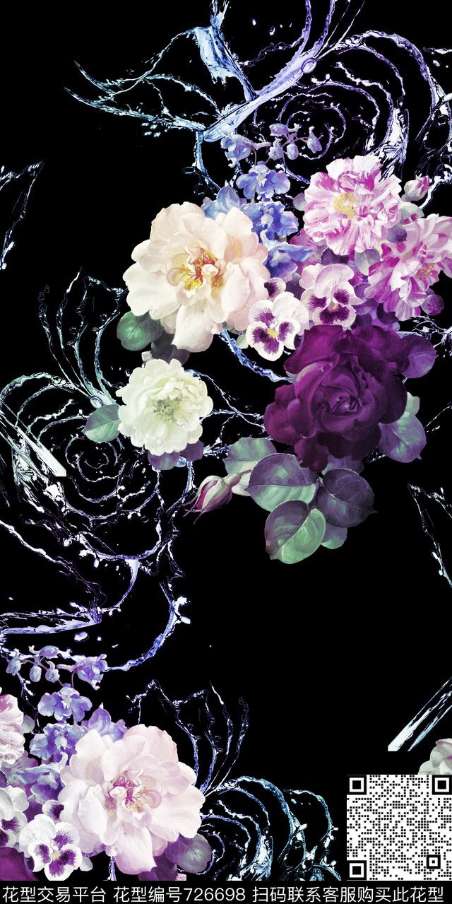 玫瑰大花黑底数码印花华亿平台下载（图片编号: 726698） - 瓦栏（Walan）