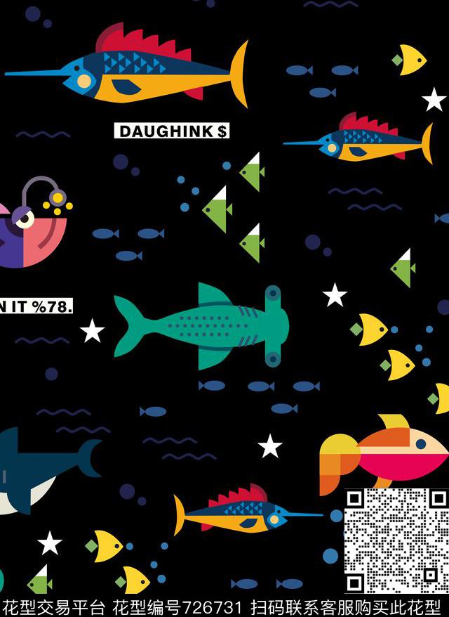 卡通鱼几何数码印花华亿平台下载（图片编号: 726731） - 瓦栏（Walan）