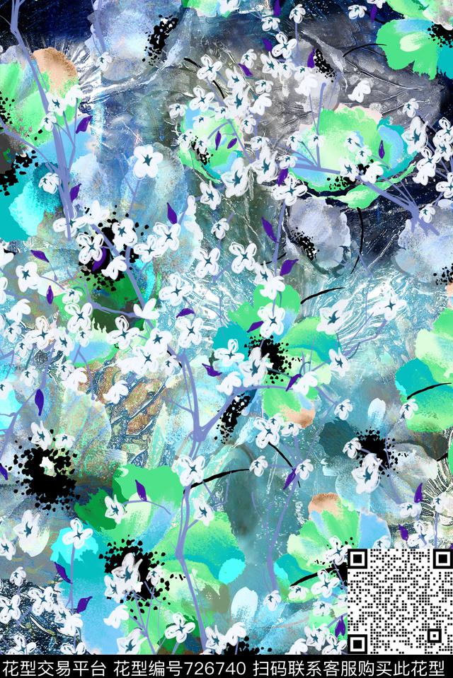 手绘抽象花卉数码印花华亿平台下载（图片编号: 726740） - 瓦栏（Walan）