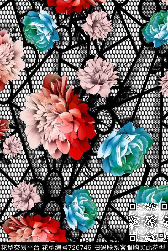 蕾丝手绘花卉数码印花华亿平台下载（图片编号: 726746） - 瓦栏（Walan）