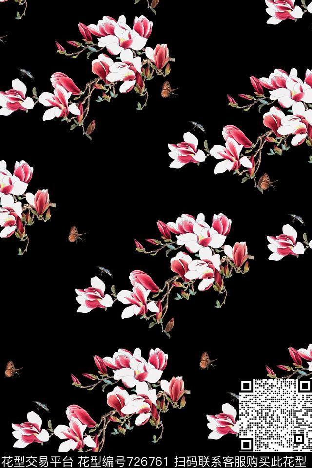 樱花花卉蝴蝶数码印花华亿平台下载（图片编号: 726761） - 瓦栏（Walan）