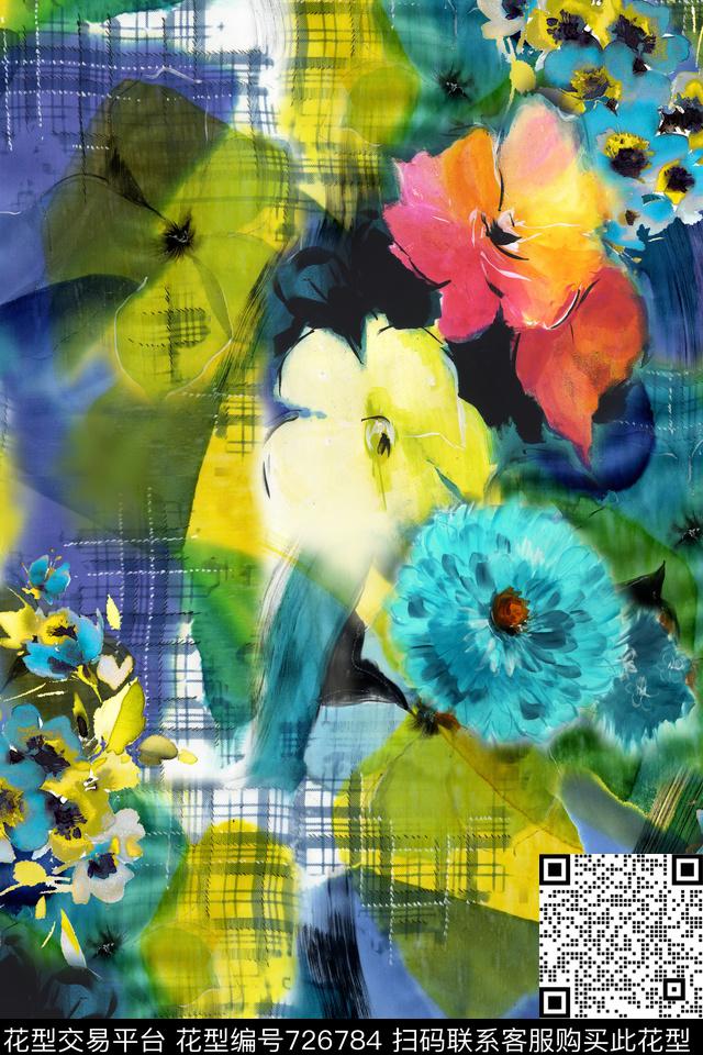 水彩花卉格子数码印花华亿平台下载（图片编号: 726784） - 瓦栏（Walan）