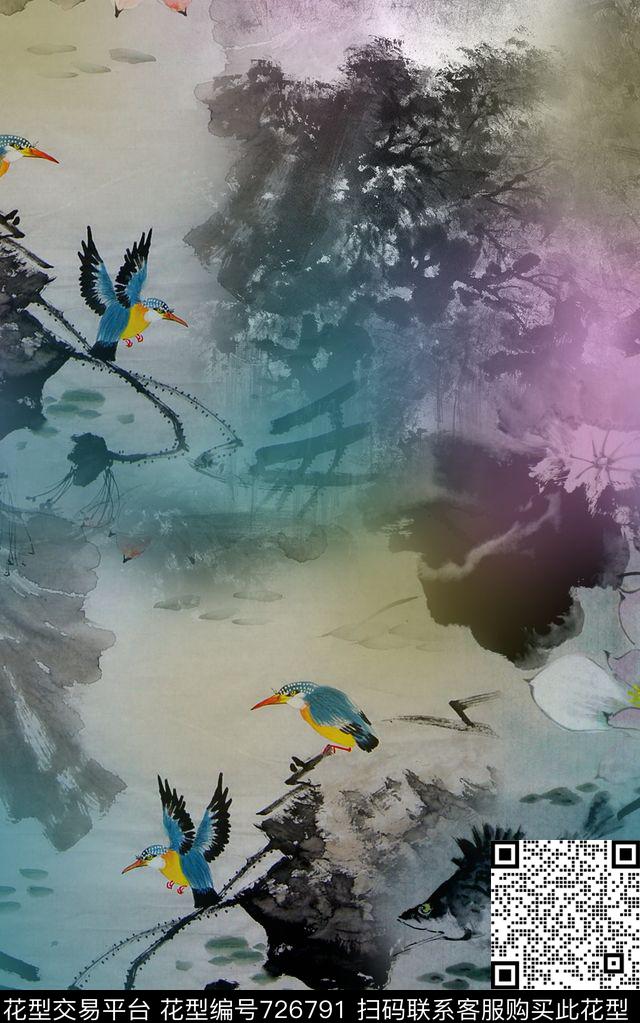 中国风水墨鸟数码印花华亿平台下载（图片编号: 726791） - 瓦栏（Walan）