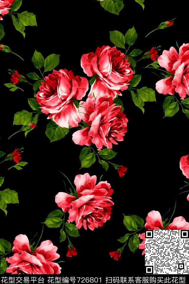 花卉大花玫瑰数码印花华亿平台下载（图片编号: 726801） - 瓦栏（Walan）
